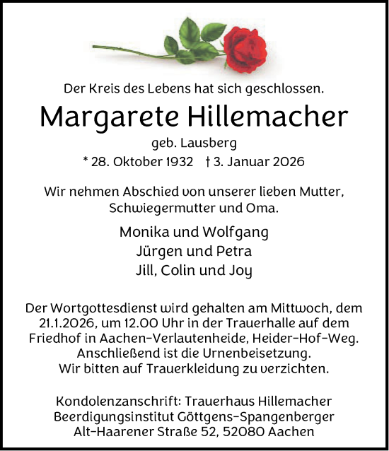 Traueranzeige von Margarete Hillemacher von Aachener Zeitung