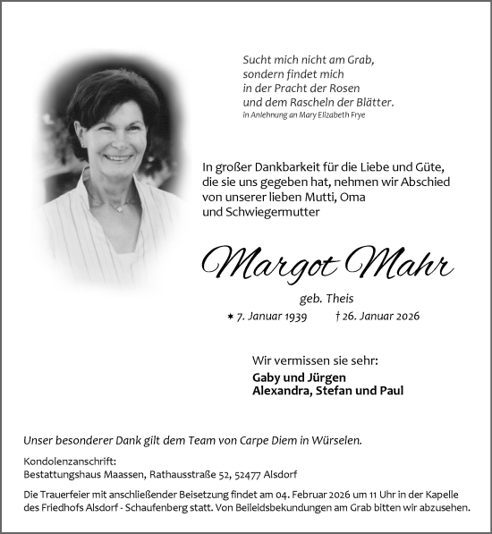 Traueranzeige von Margot Mahr von Zeitung am Sonntag