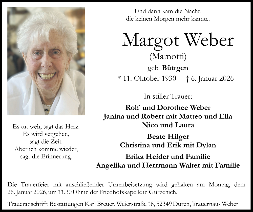  Traueranzeige für Margot Weber vom 18.01.2026 aus Zeitung am Sonntag