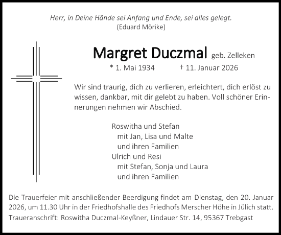 Traueranzeige von Margret Duczmal von Zeitung am Sonntag