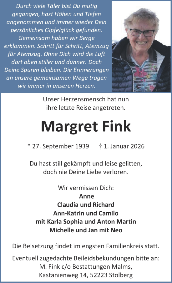Traueranzeige von Margret Fink von Zeitung am Sonntag