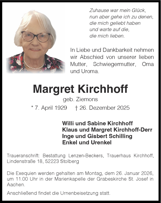 Traueranzeige von Margret Kirchhoff von Zeitung am Sonntag