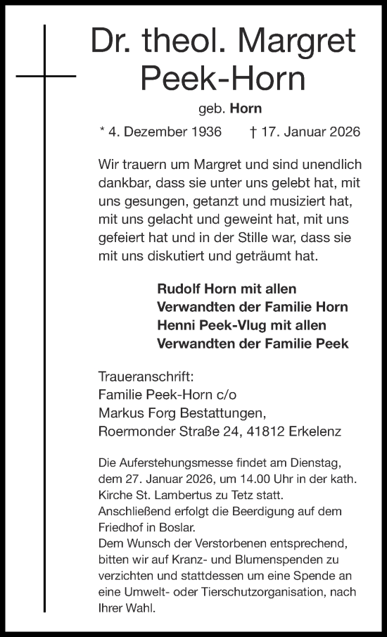 Traueranzeige von Margret Peek-Horn von Zeitung am Sonntag