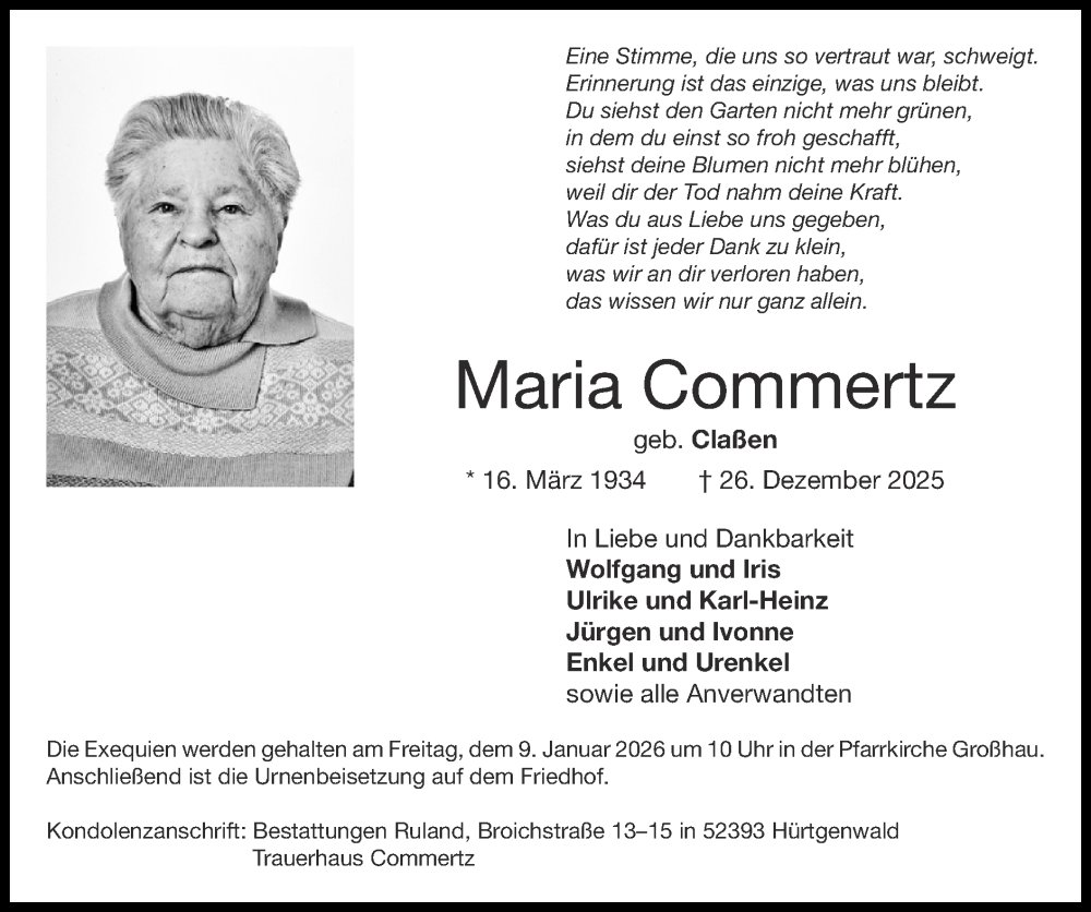  Traueranzeige für Maria Commertz vom 04.01.2026 aus Zeitung am Sonntag