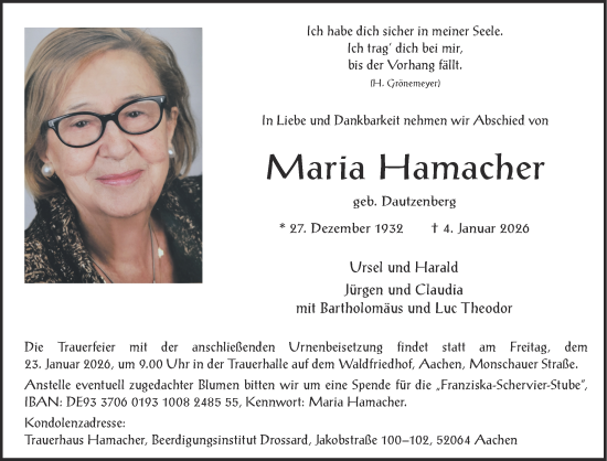 Traueranzeige von Maria Hamacher von Aachener Zeitung
