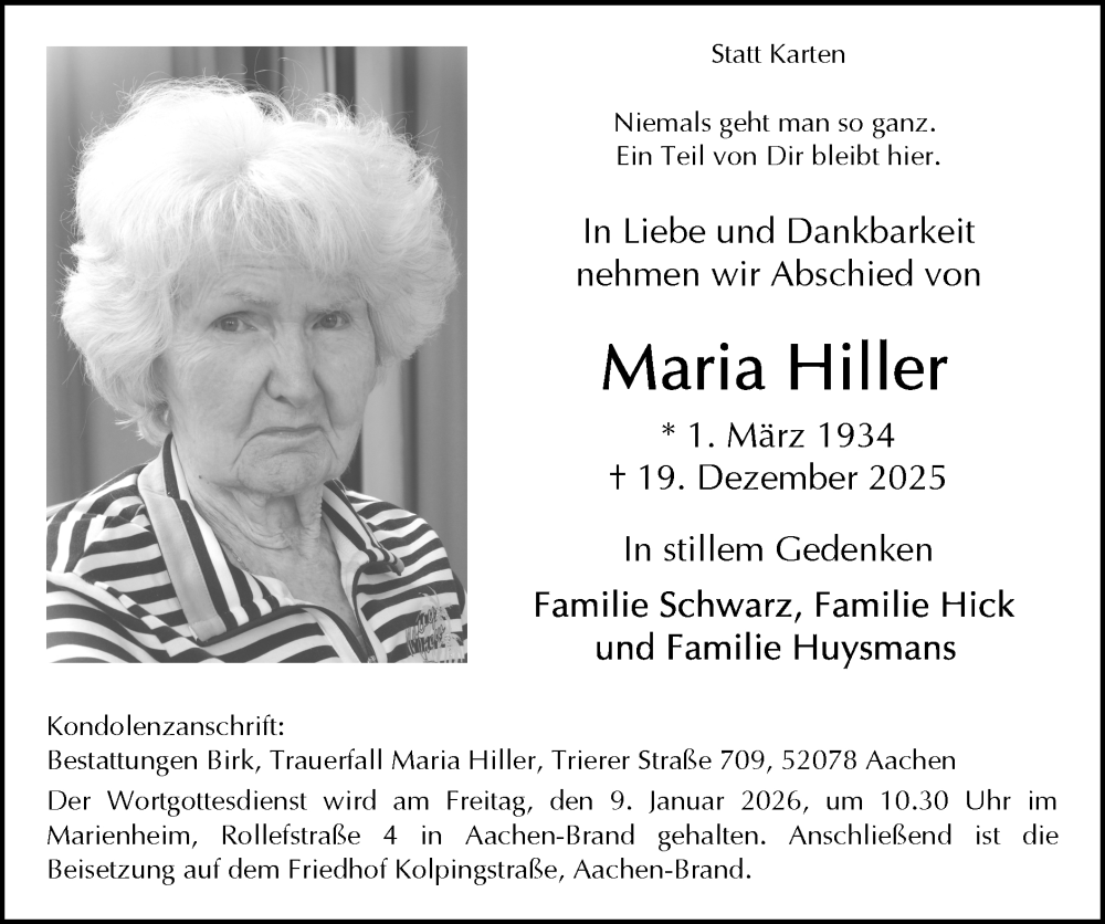  Traueranzeige für Maria Hiller vom 04.01.2026 aus Zeitung am Sonntag