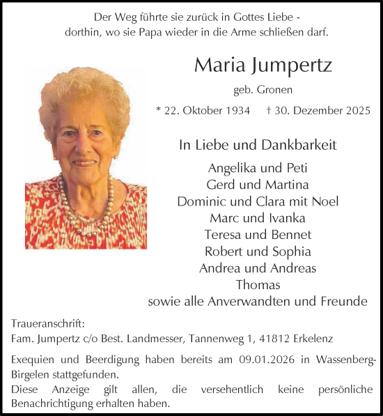 Traueranzeige von Maria Jumpertz von Zeitung am Sonntag
