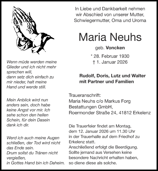 Traueranzeige von Maria Neuhs von Zeitung am Sonntag
