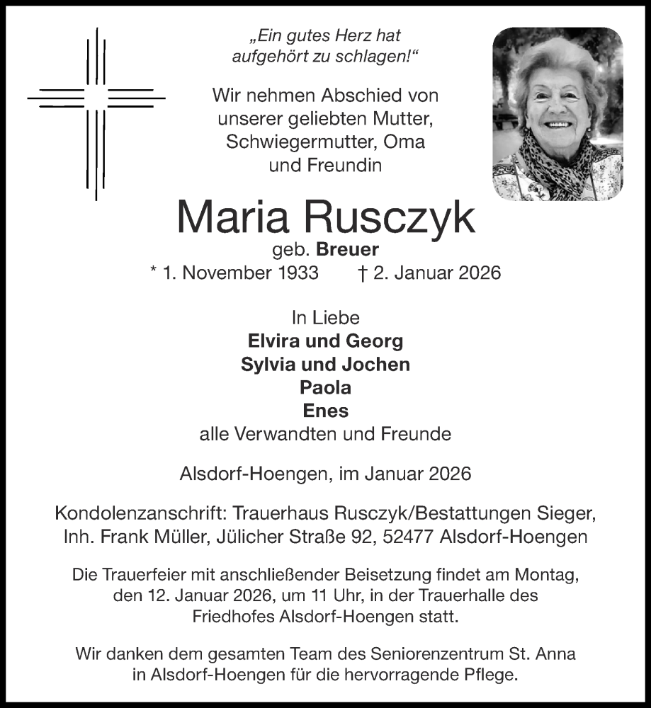  Traueranzeige für Maria Rusczyk vom 11.01.2026 aus Zeitung am Sonntag