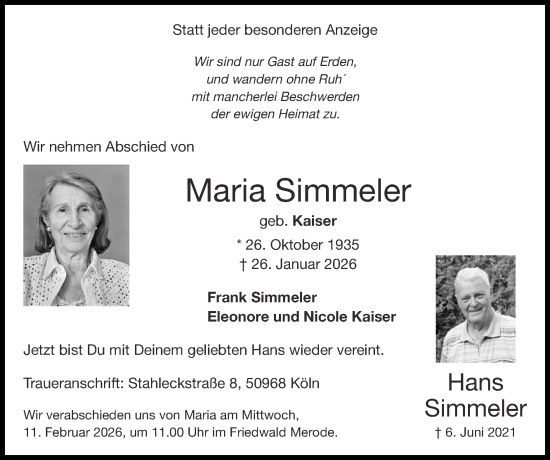 Traueranzeige von Maria Simmeler von Zeitung am Sonntag