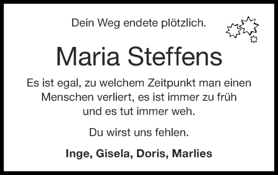 Traueranzeige von Maria Steffens von Zeitung am Sonntag