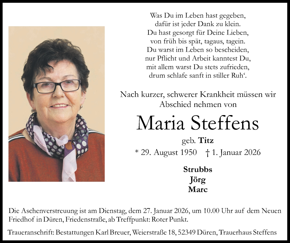  Traueranzeige für Maria Steffens vom 18.01.2026 aus Zeitung am Sonntag
