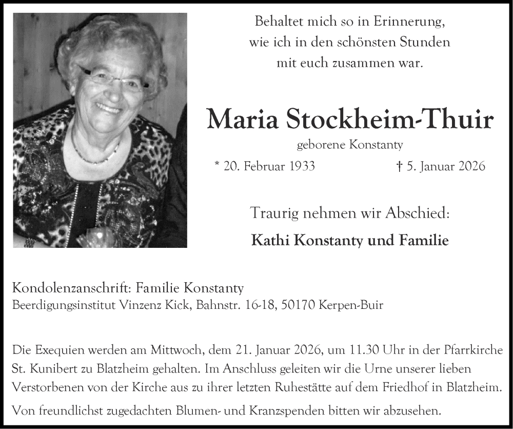  Traueranzeige für Maria Stockheim-Thuir vom 18.01.2026 aus Zeitung am Sonntag