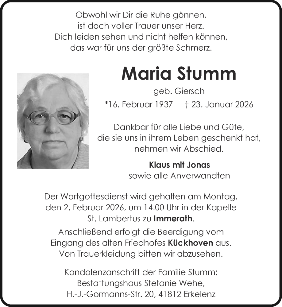  Traueranzeige für Maria Stumm vom 01.02.2026 aus Zeitung am Sonntag