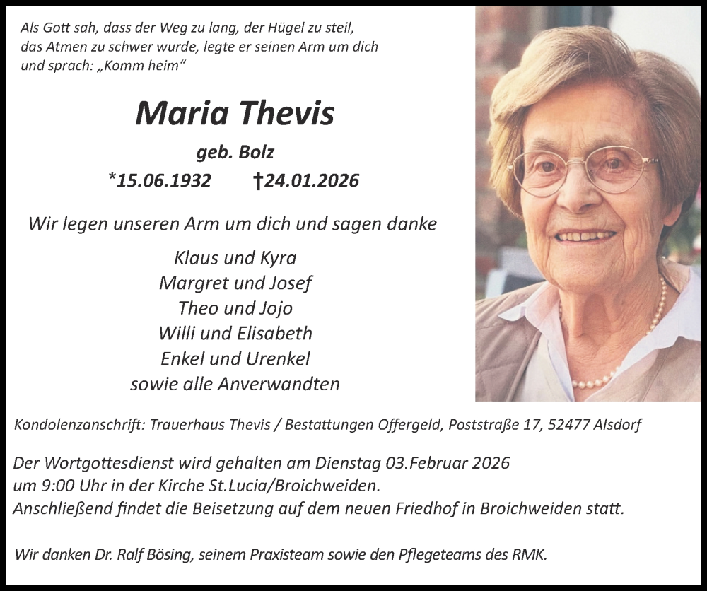  Traueranzeige für Maria Thevis vom 01.02.2026 aus Zeitung am Sonntag
