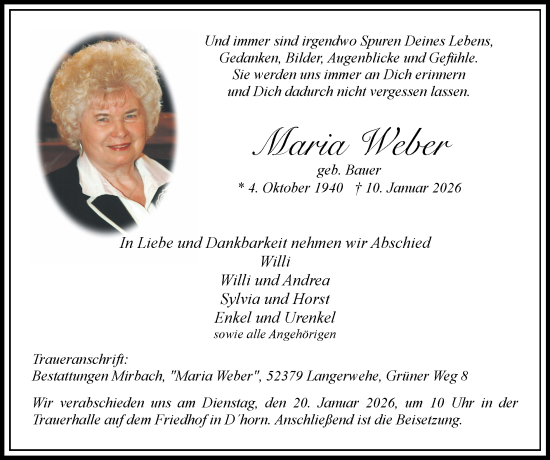Traueranzeige von Maria Weber von Zeitung am Sonntag