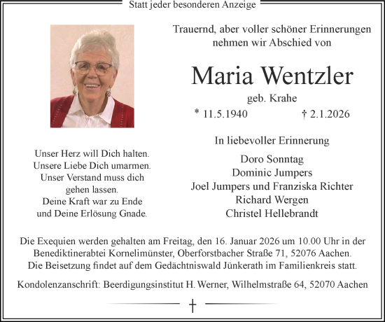 Traueranzeige von Maria Wentzler von Zeitung am Sonntag