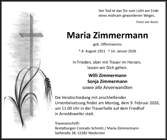Traueranzeige von Maria Zimmermann von Zeitung am Sonntag