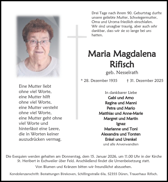 Traueranzeige von Maria Magdalena Rifisch von Zeitung am Sonntag