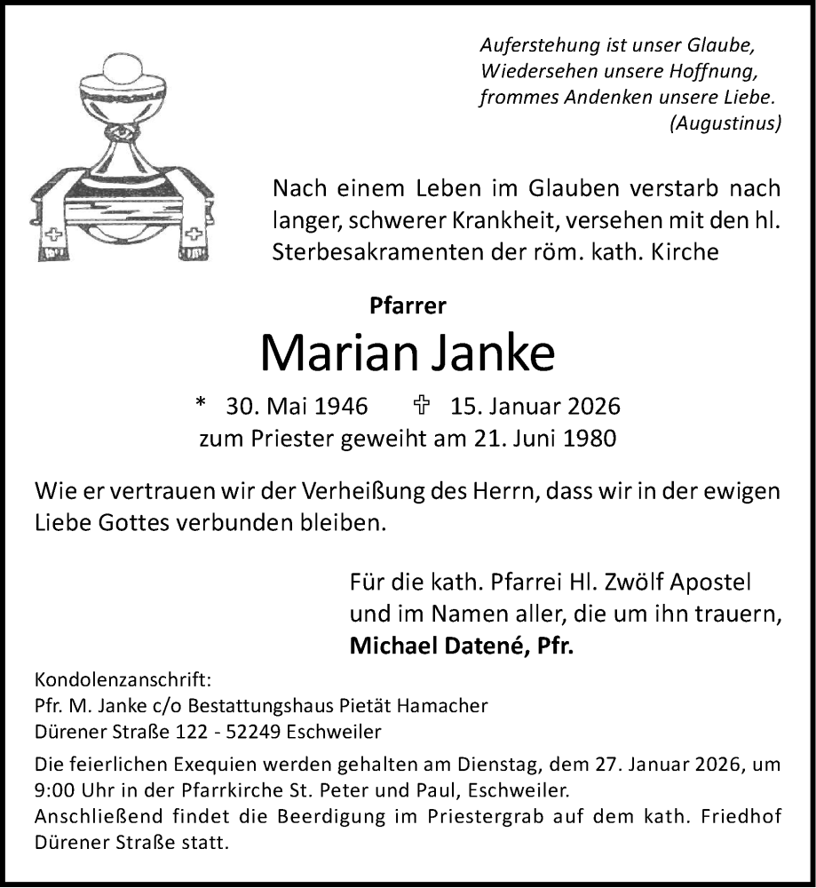  Traueranzeige für Marian Janke vom 25.01.2026 aus Zeitung am Sonntag