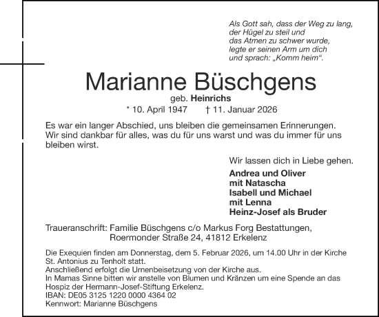 Traueranzeige von Marianne Büschgens von Zeitung am Sonntag