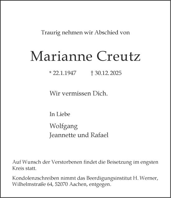 Traueranzeige von Marianne Creutz von Aachener Zeitung