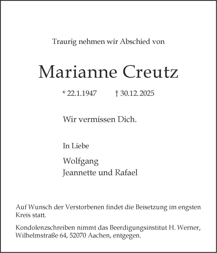 Traueranzeige für Marianne Creutz vom 17.01.2026 aus Aachener Zeitung