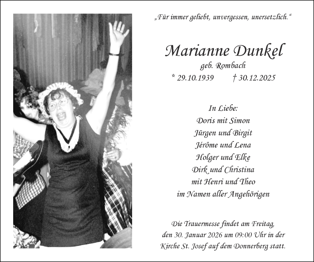  Traueranzeige für Marianne Dunkel vom 25.01.2026 aus Zeitung am Sonntag