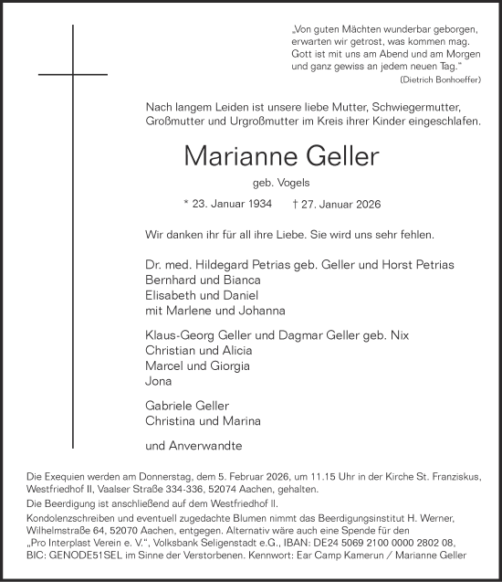 Traueranzeige von Marianne Geller von Aachener Zeitung