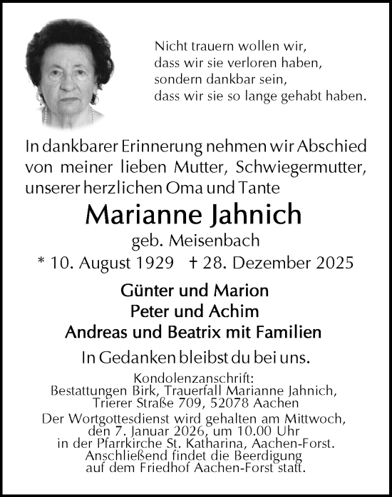 Traueranzeige von Marianne Jahnich von Zeitung am Sonntag