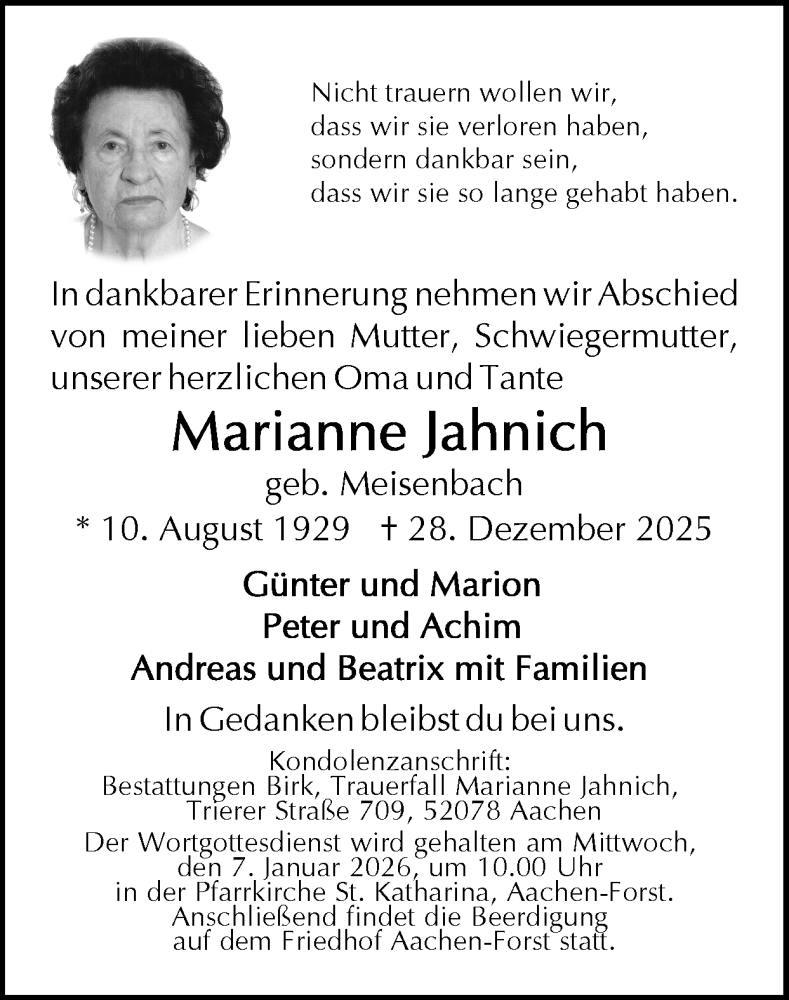  Traueranzeige für Marianne Jahnich vom 04.01.2026 aus Zeitung am Sonntag