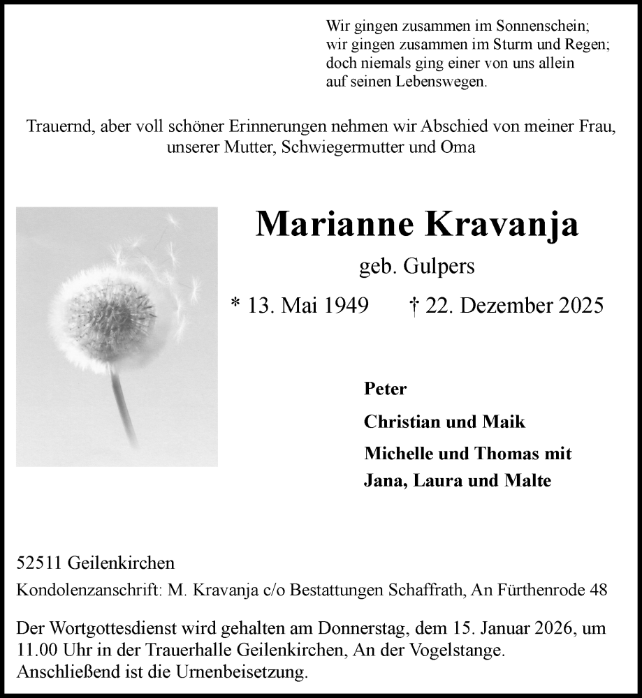  Traueranzeige für Marianne Kravanja vom 11.01.2026 aus Zeitung am Sonntag