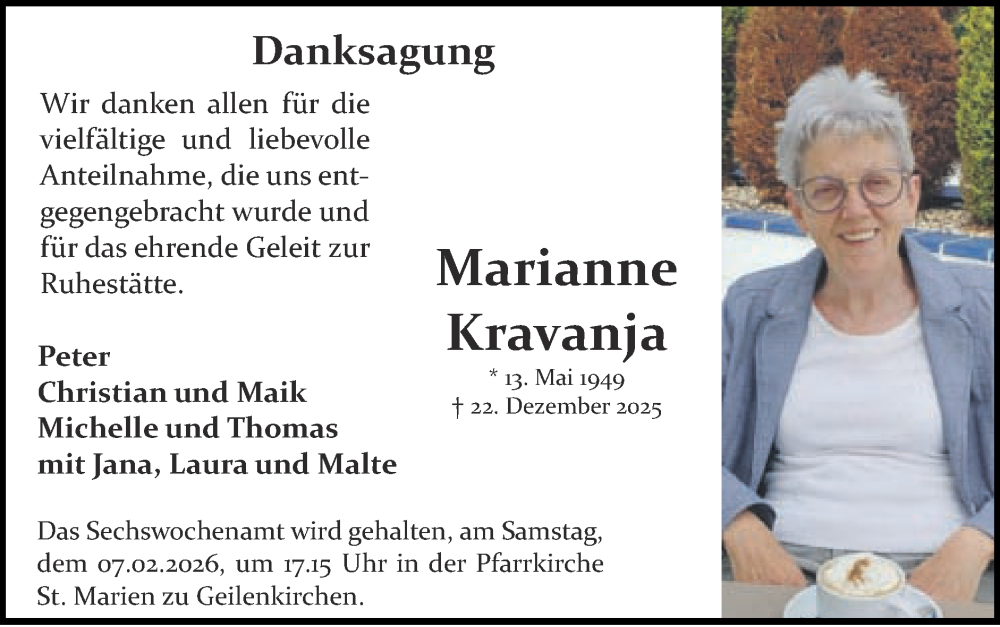  Traueranzeige für Marianne Kravanja vom 01.02.2026 aus Zeitung am Sonntag