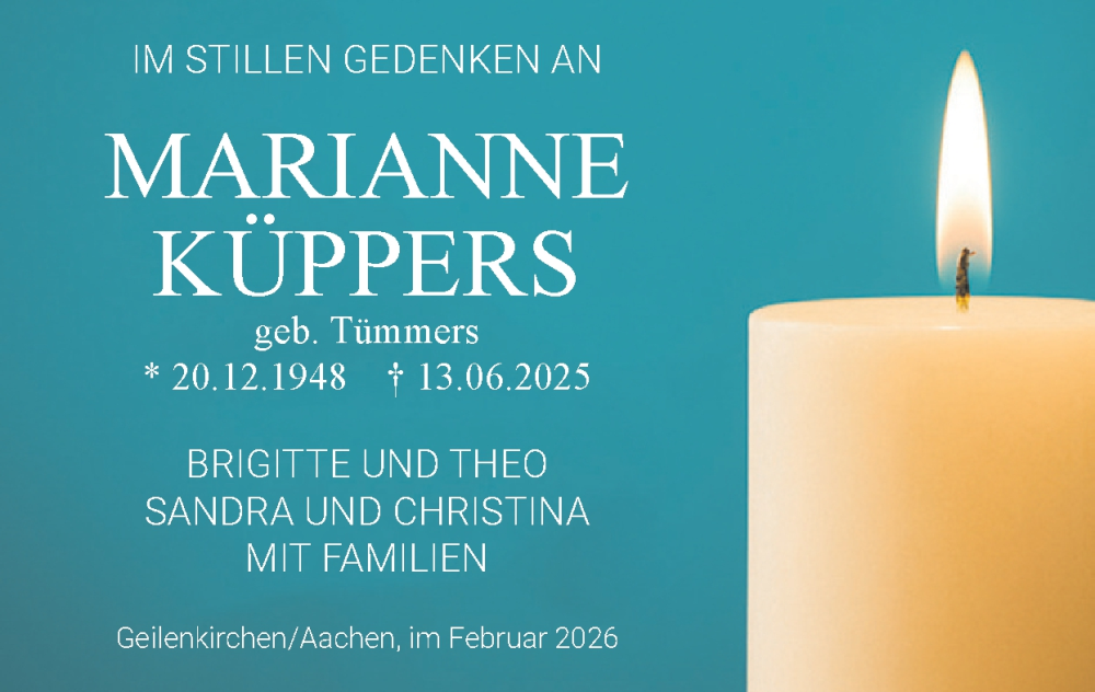  Traueranzeige für Marianne Küppers vom 01.02.2026 aus Zeitung am Sonntag