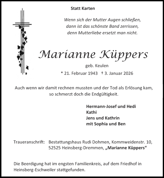 Traueranzeige von Marianne Küppers von Zeitung am Sonntag