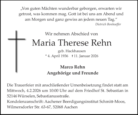 Traueranzeige von Maria Therese Rehn von Zeitung am Sonntag