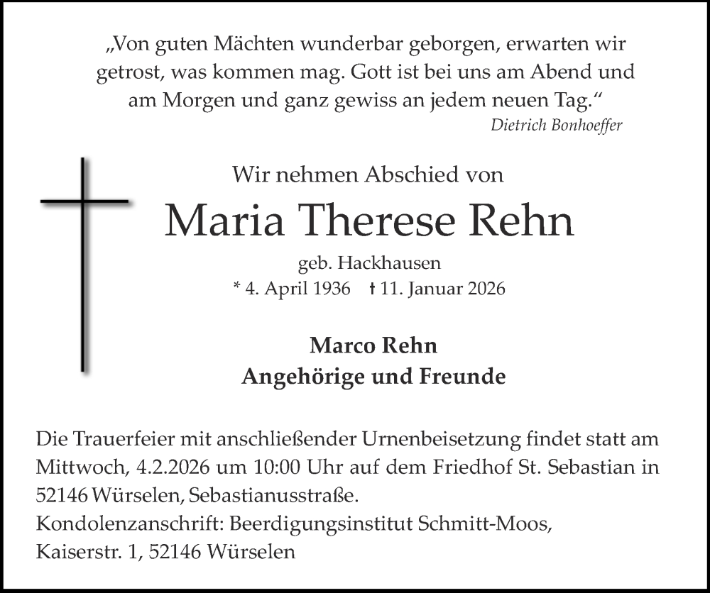  Traueranzeige für Maria Therese Rehn vom 01.02.2026 aus Zeitung am Sonntag