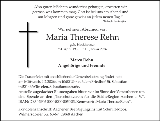 Traueranzeige von Maria Therese Rehn von Aachener Zeitung