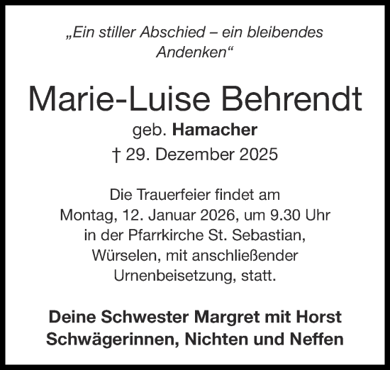 Traueranzeige von Marie-Luise Behrendt von Zeitung am Sonntag