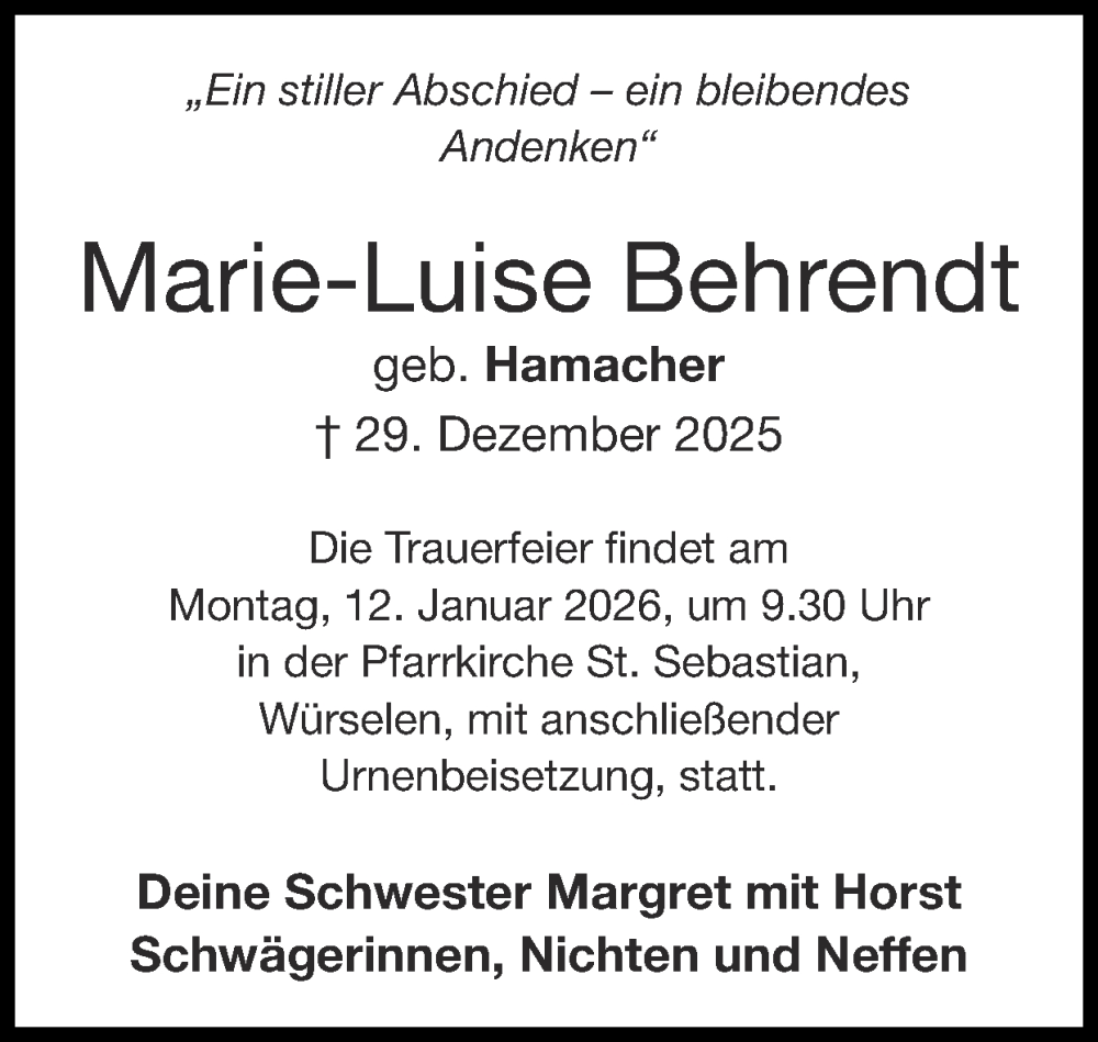  Traueranzeige für Marie-Luise Behrendt vom 11.01.2026 aus Zeitung am Sonntag