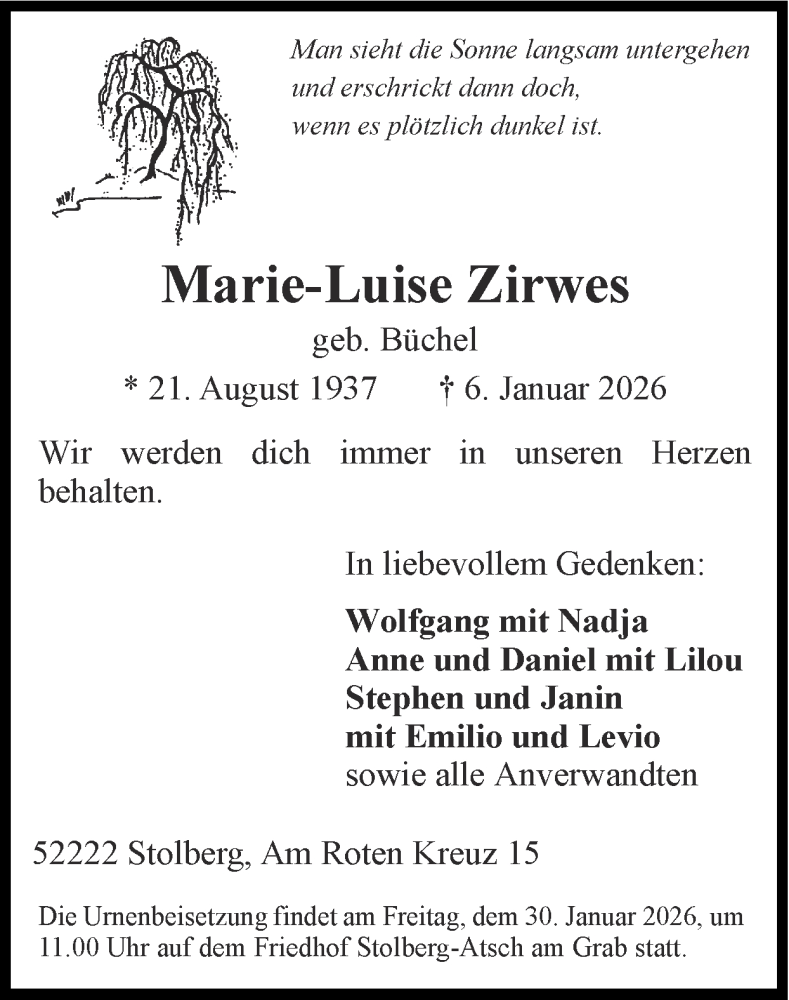  Traueranzeige für Marie-Luise Zirwes vom 25.01.2026 aus Zeitung am Sonntag