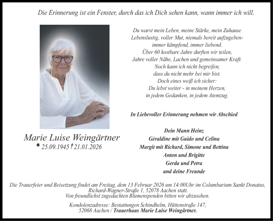 Traueranzeige von Marie Luise Weingärtner von Zeitung am Sonntag