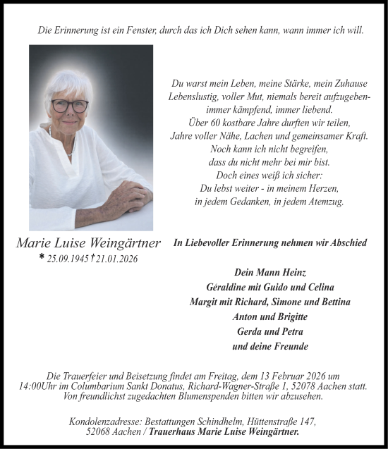 Traueranzeige von Marie Luise Weingärtner von Aachener Zeitung