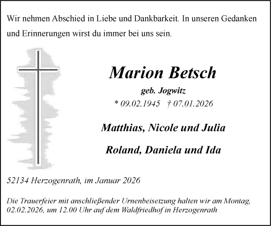 Traueranzeige von Marion Betsch von Zeitung am Sonntag