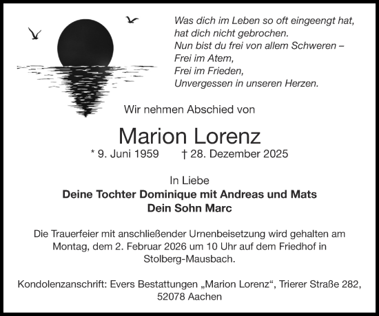 Traueranzeige von Marion Lorenz von Zeitung am Sonntag