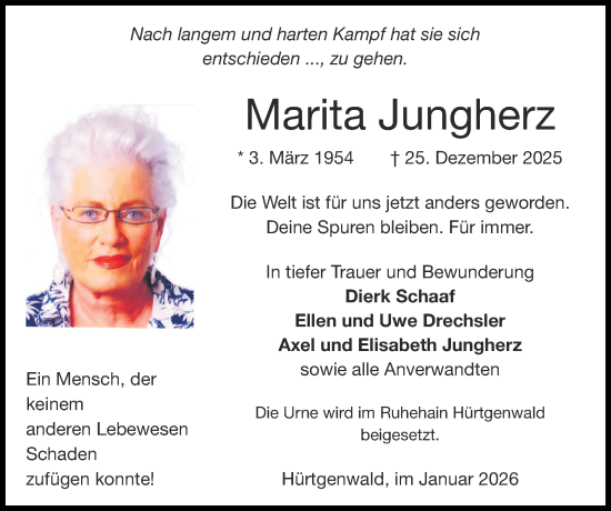 Traueranzeige von Marita Jungherz von Zeitung am Sonntag