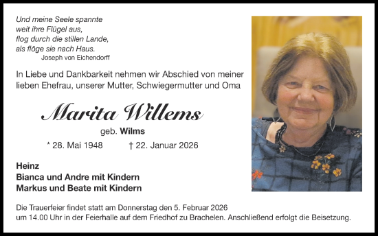 Traueranzeige von Marita Willems von Zeitung am Sonntag