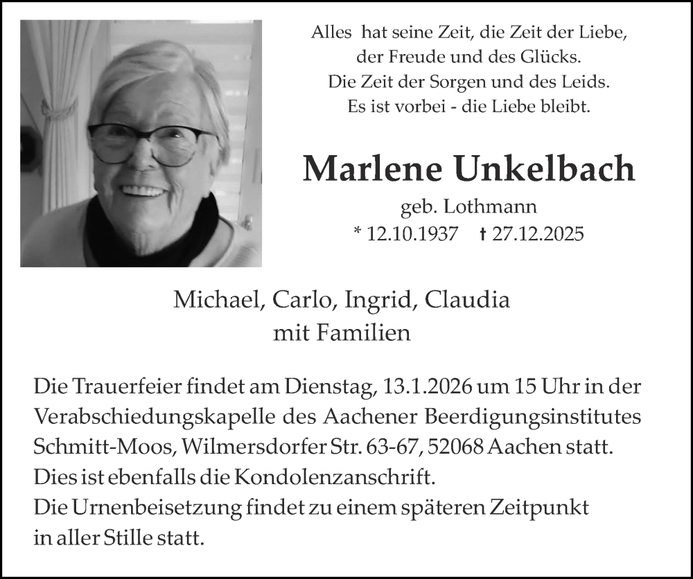  Traueranzeige für Marlene Unkelbach vom 11.01.2026 aus Zeitung am Sonntag