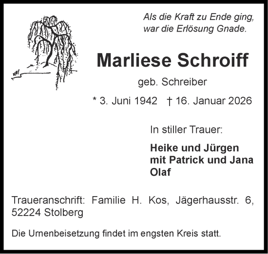 Traueranzeige von Marliese Schroiff von Zeitung am Sonntag