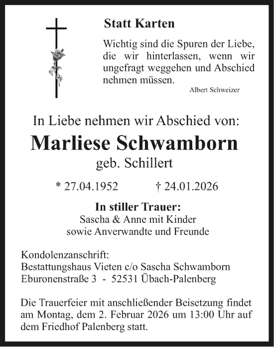 Traueranzeige von Marliese Schwamborn von Zeitung am Sonntag